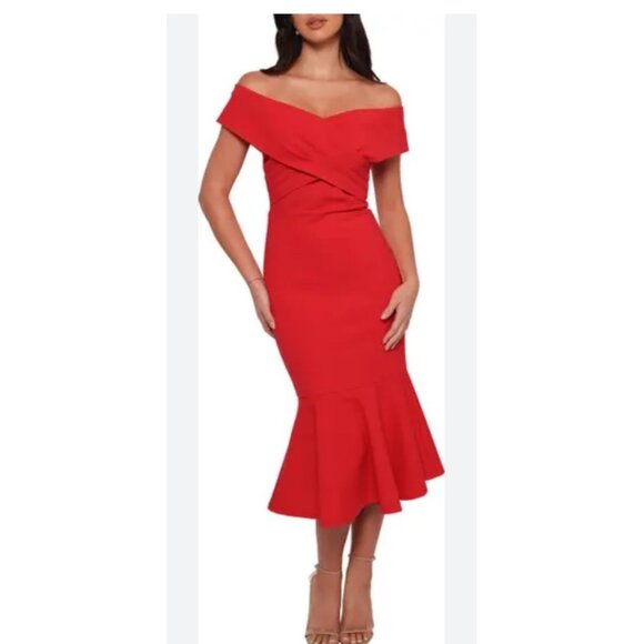 Petal & Pup Dailene Off Shoulder Red Midi Dress Size S Cocktail Wedding Party - Picture 1 of 9